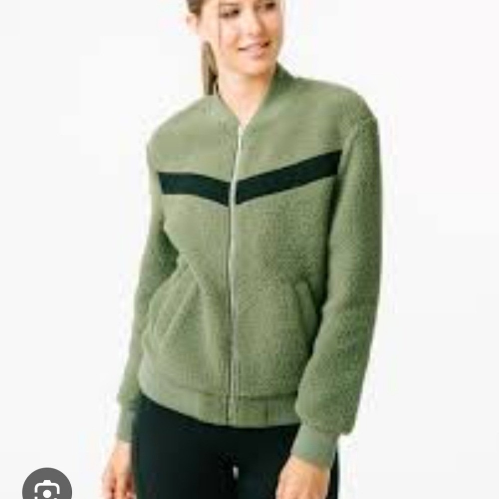 ZYIA ACTIVE Flying V Teddy Bear Fleece Zip Jacket Olive Green And Black X Small